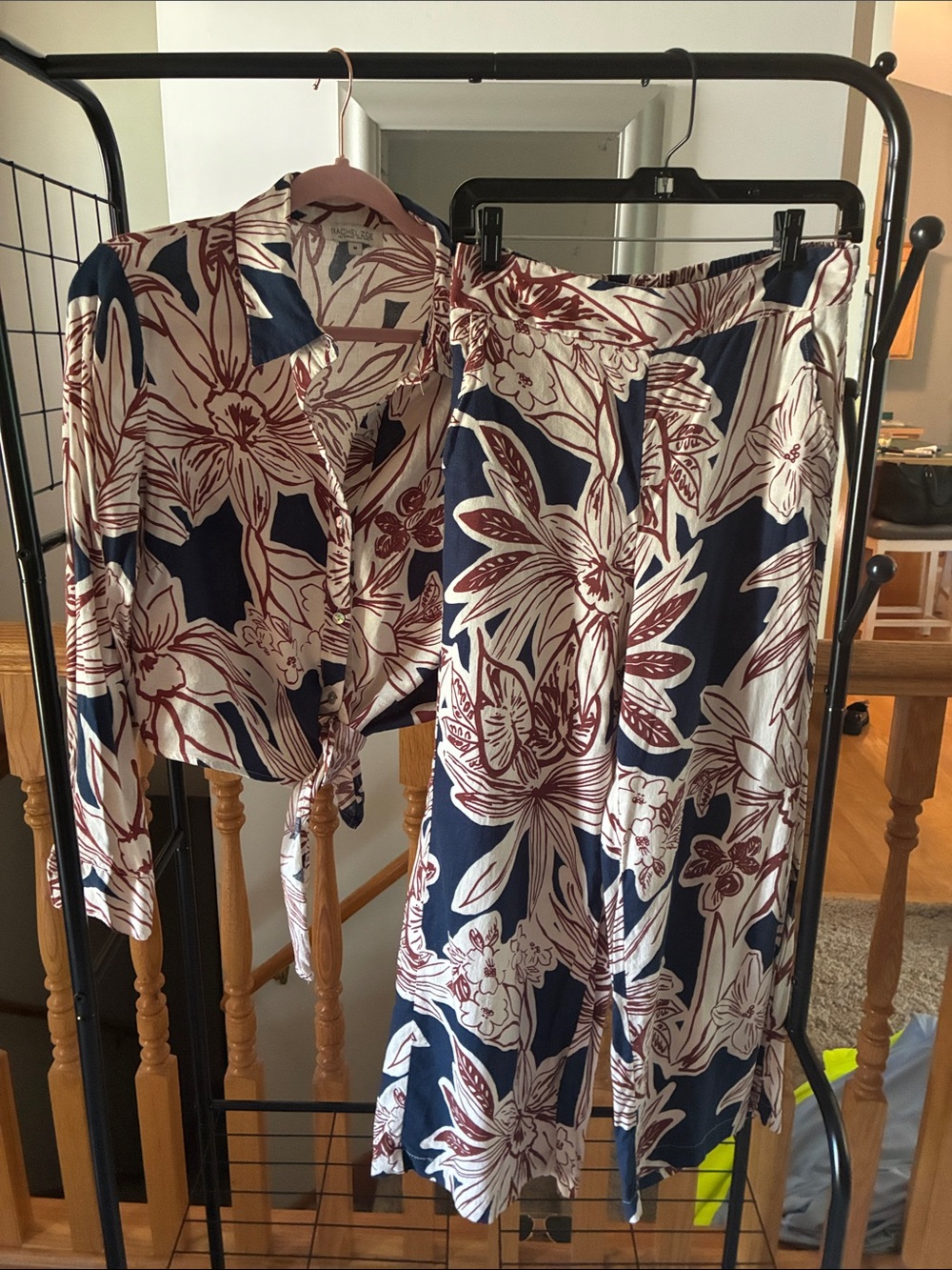 Rachel Zoe Cream Blouse & Pants Set with Navy and Rust Floral